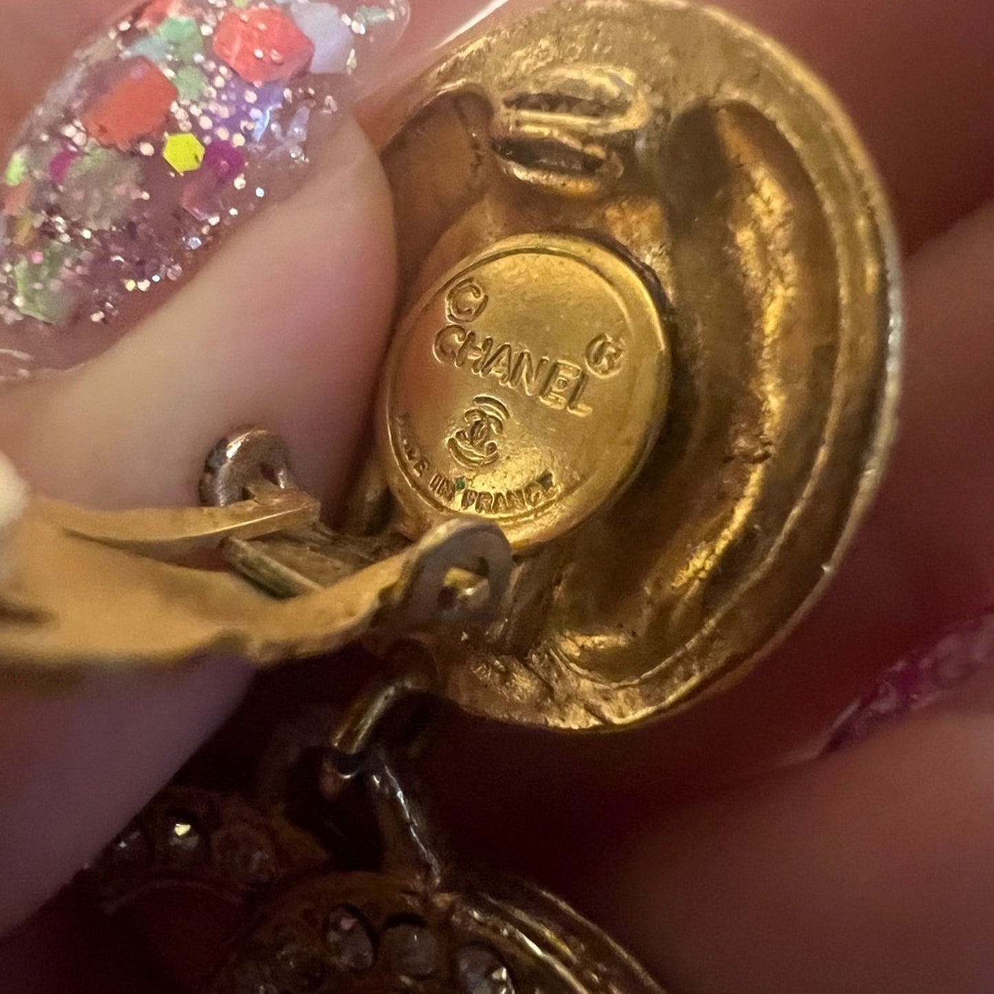 CHANEL Vintage Gold CC Crystal Dangle Clip On Earrings
