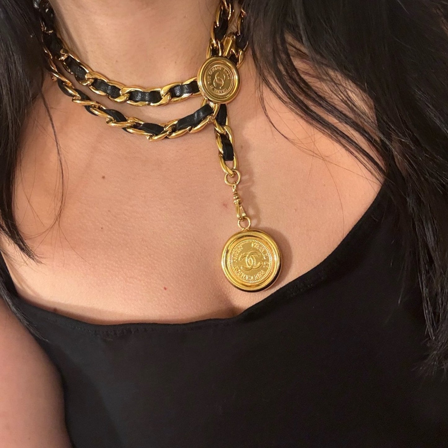 CHANEL Vintage Black Leather Gold 31 Rue Cambon CC Coin Chain Necklace/Belt