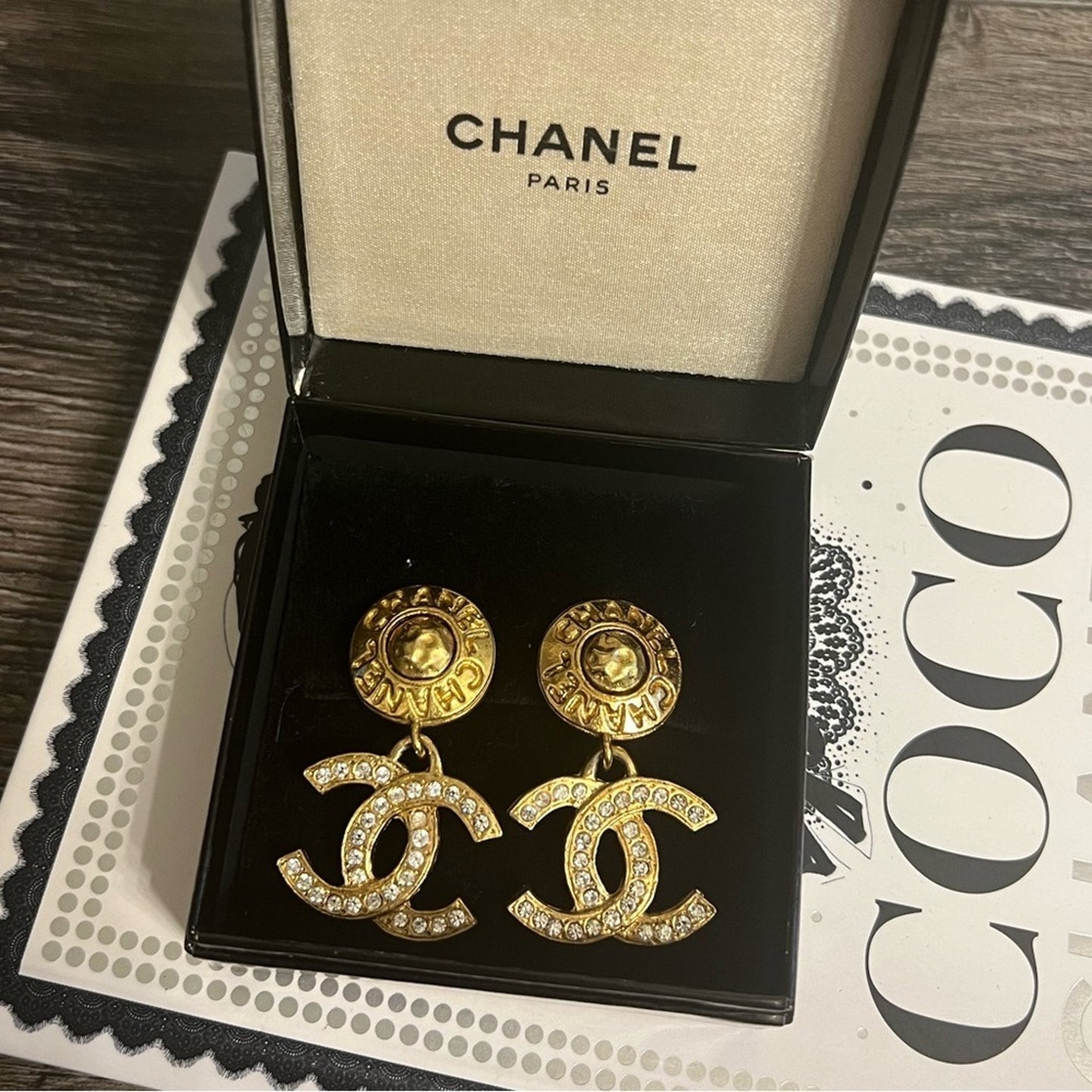 CHANEL Vintage Gold CC Crystal Dangle Clip On Earrings