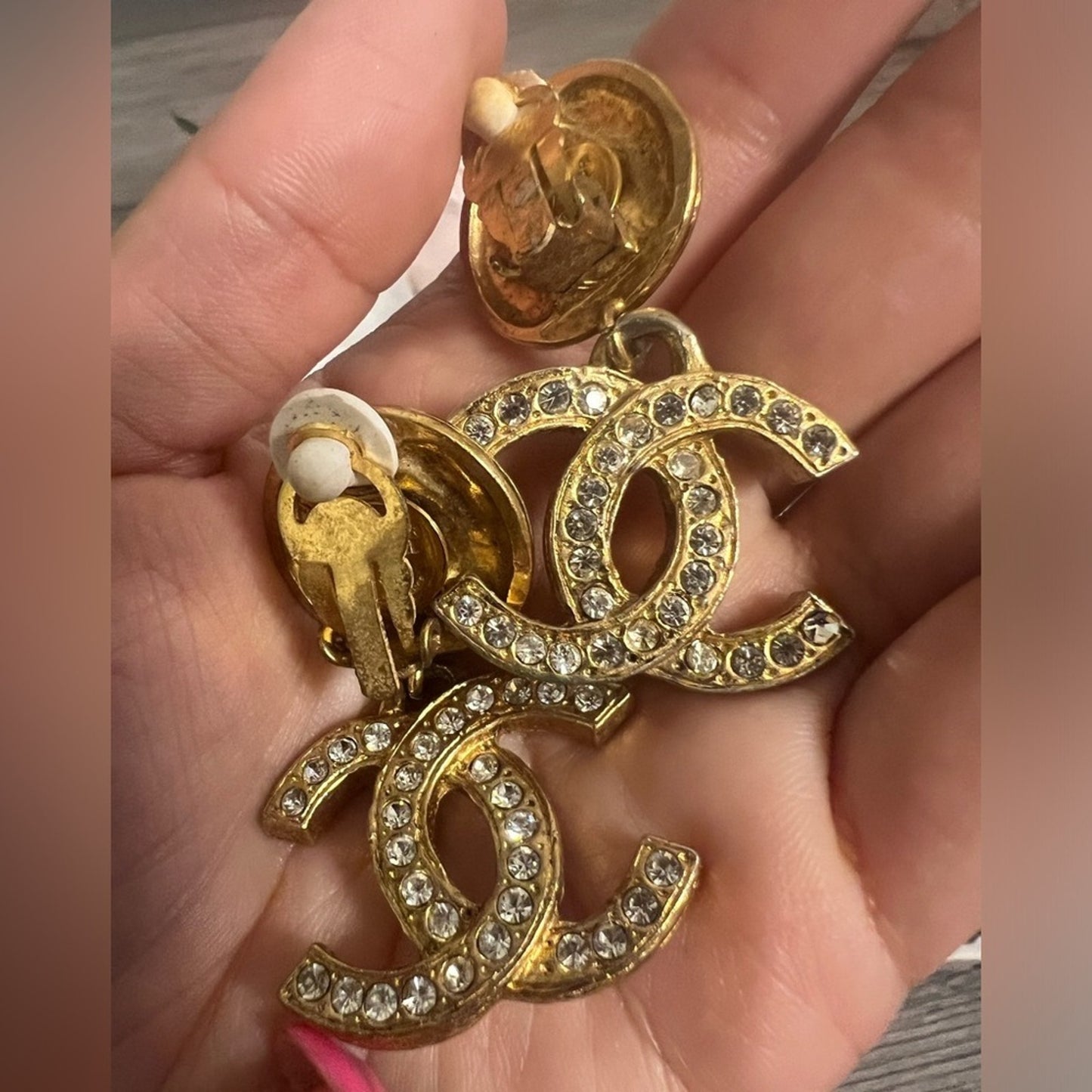 CHANEL Vintage Gold CC Crystal Dangle Clip On Earrings