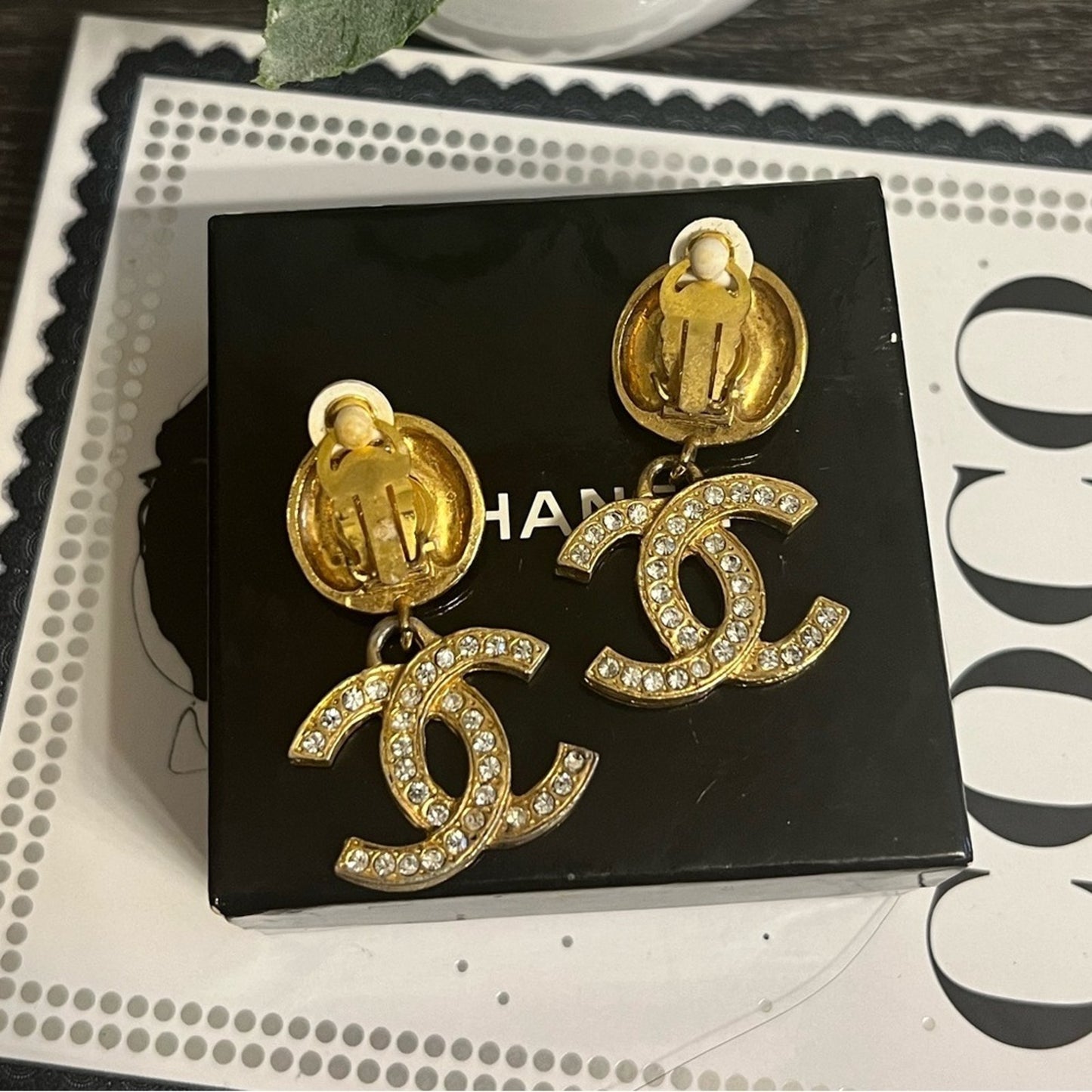CHANEL Vintage Gold CC Crystal Dangle Clip On Earrings