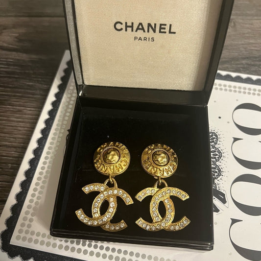 CHANEL Vintage Gold CC Crystal Dangle Clip On Earrings