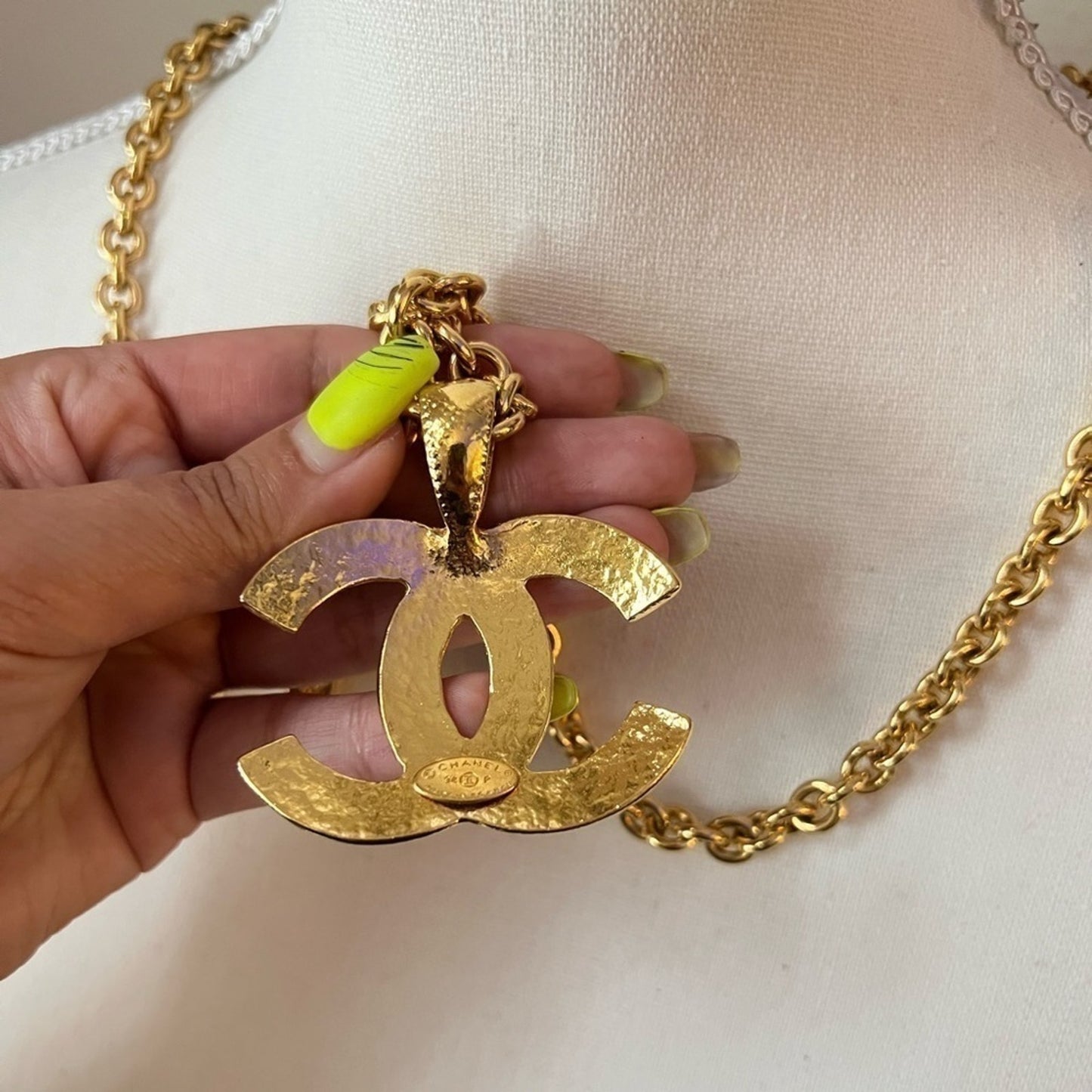 CHANEL Vintage Quilted CC Pendant Necklace