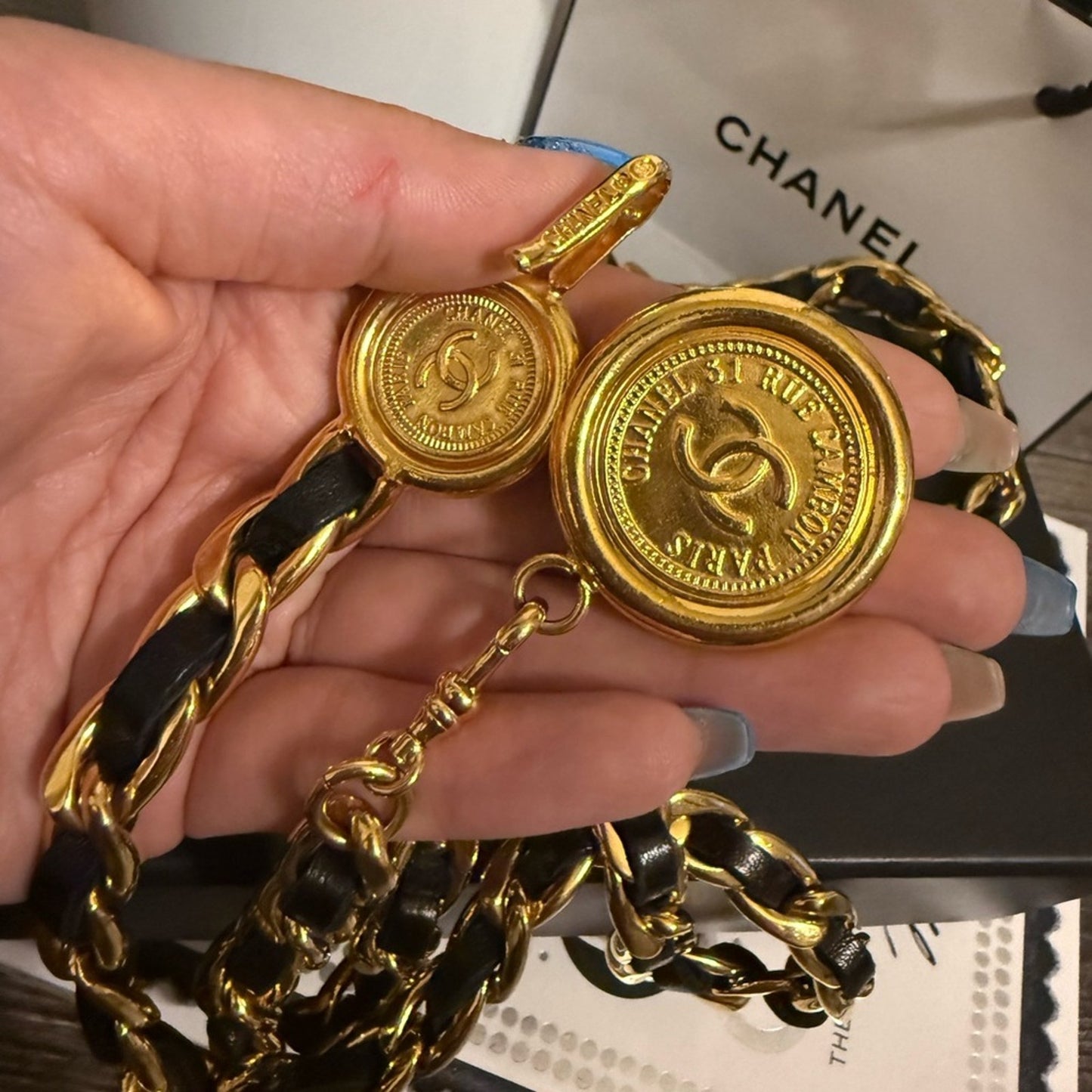 CHANEL Vintage Black Leather Gold 31 Rue Cambon CC Coin Chain Necklace/Belt