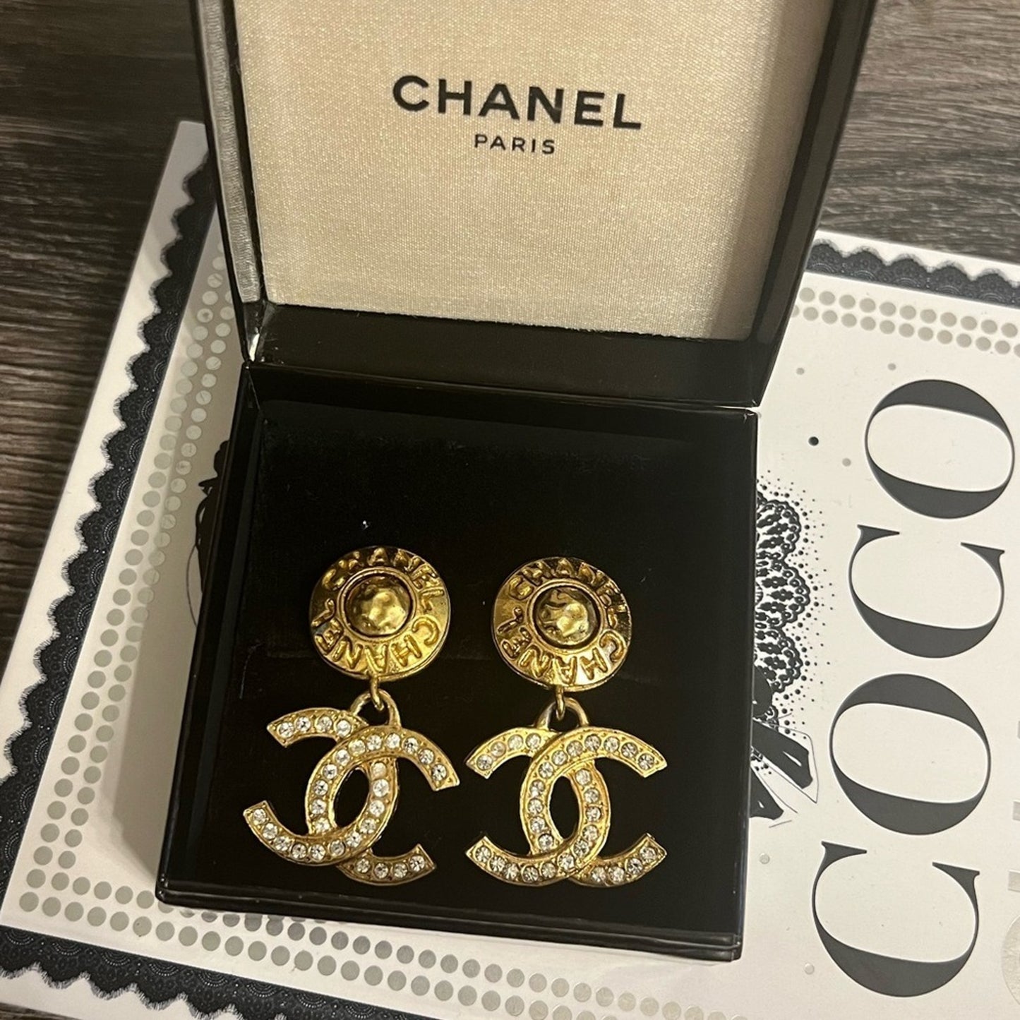 CHANEL Vintage Gold CC Crystal Dangle Clip On Earrings