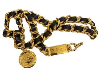 Chanel Gold and Black Leather Belt + 1996 vintage  turnlock pearl earrings