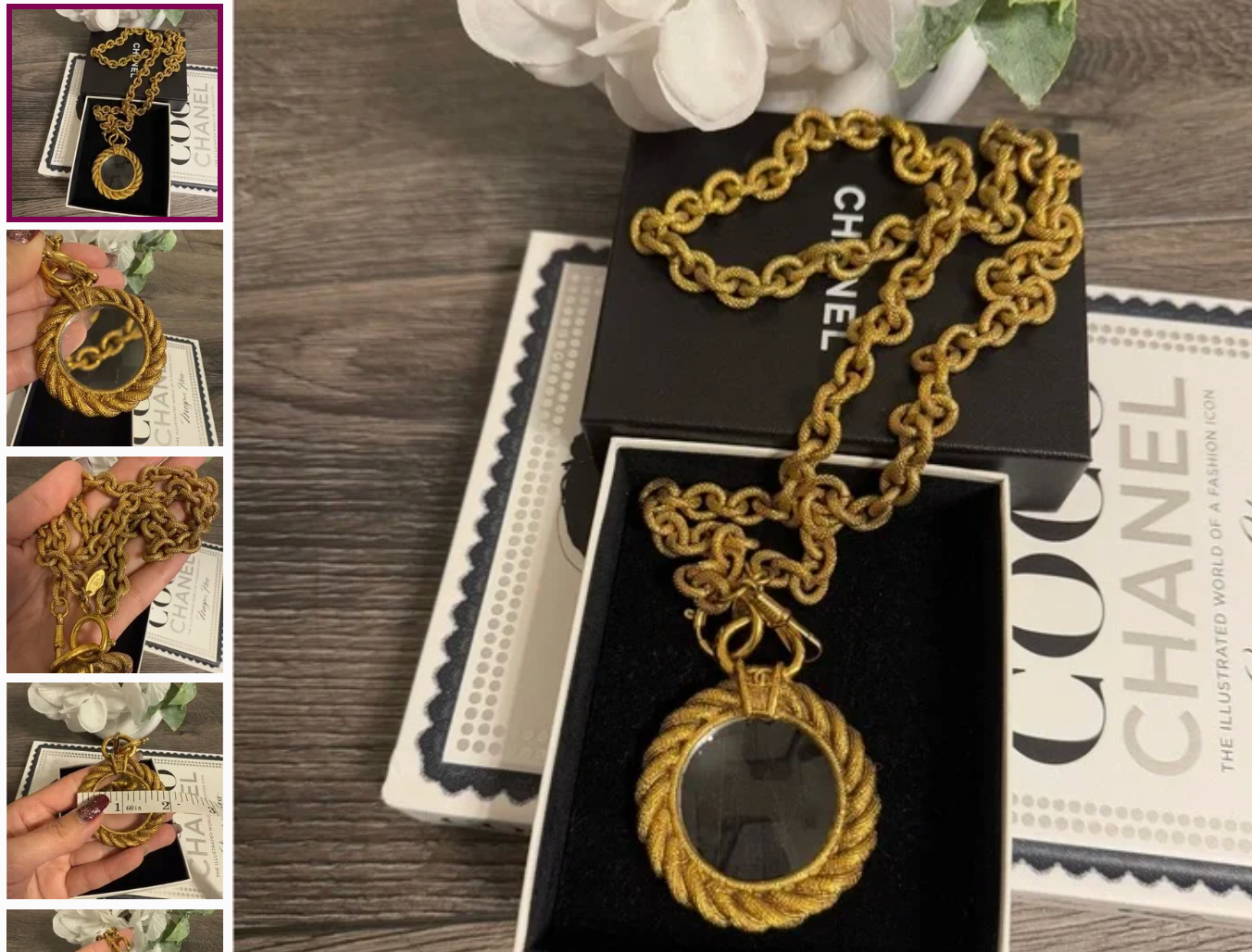 RESERVED - Chanel Vintage Gold Magnifying Glass CC Logo Pendant Chain Necklace