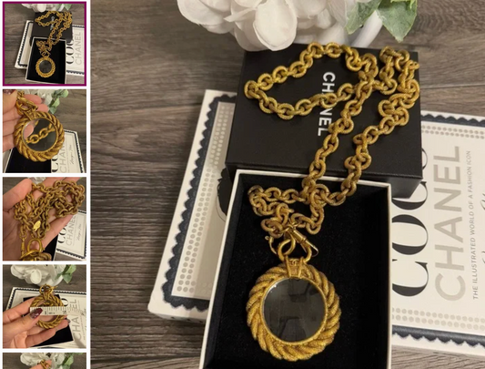 RESERVED - Chanel Vintage Gold Magnifying Glass CC Logo Pendant Chain Necklace