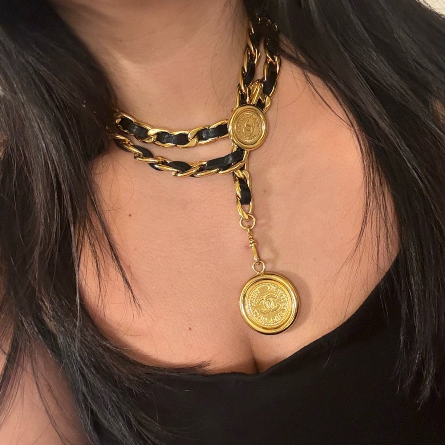 CHANEL Vintage Black Leather Gold 31 Rue Cambon CC Coin Chain Necklace/Belt