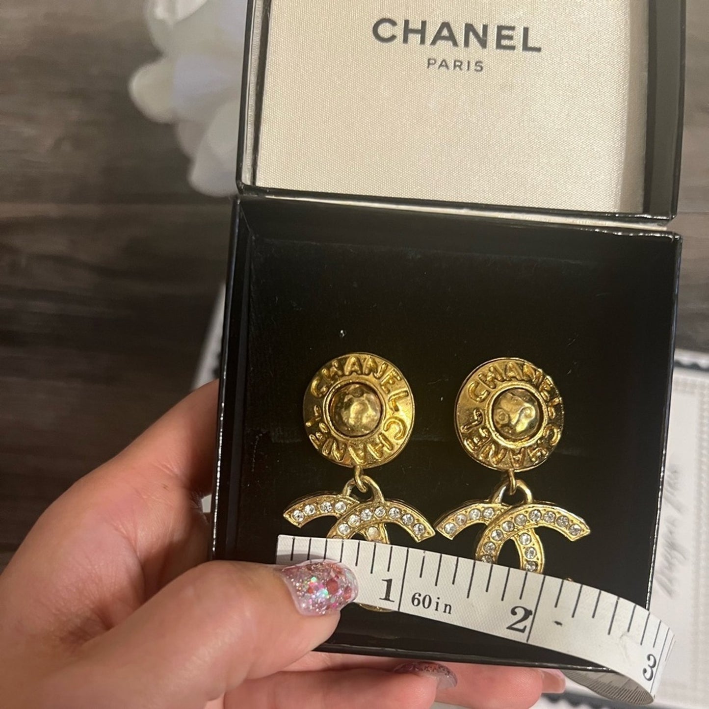 CHANEL Vintage Gold CC Crystal Dangle Clip On Earrings