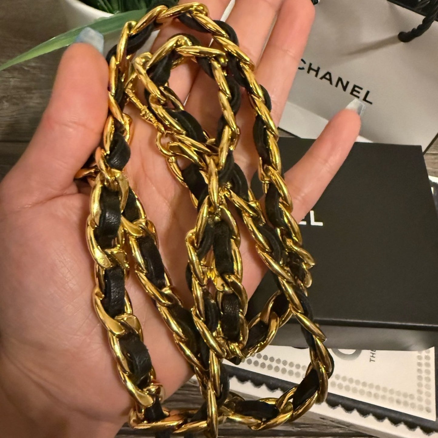 CHANEL Vintage Black Leather Gold 31 Rue Cambon CC Coin Chain Necklace/Belt