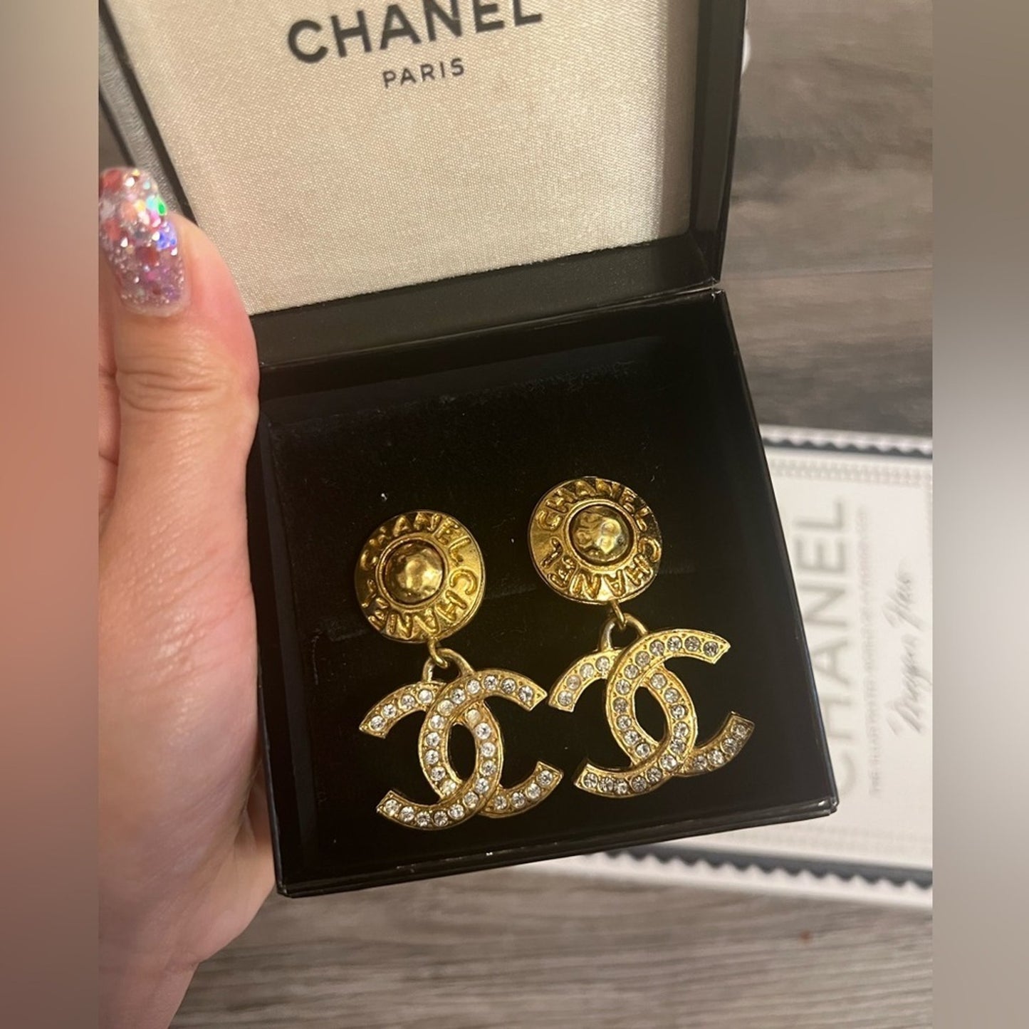 CHANEL Vintage Gold CC Crystal Dangle Clip On Earrings