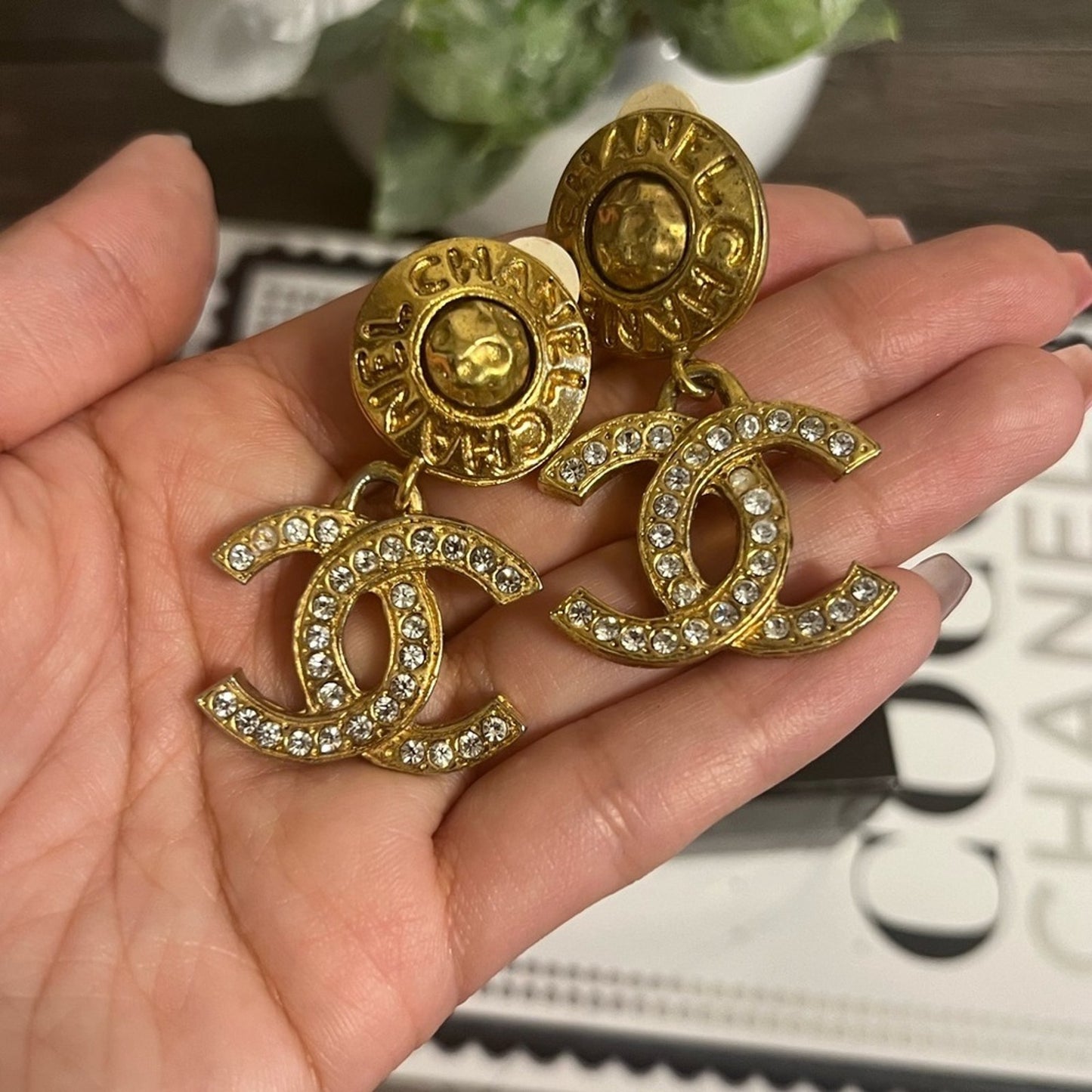 CHANEL Vintage Gold CC Crystal Dangle Clip On Earrings